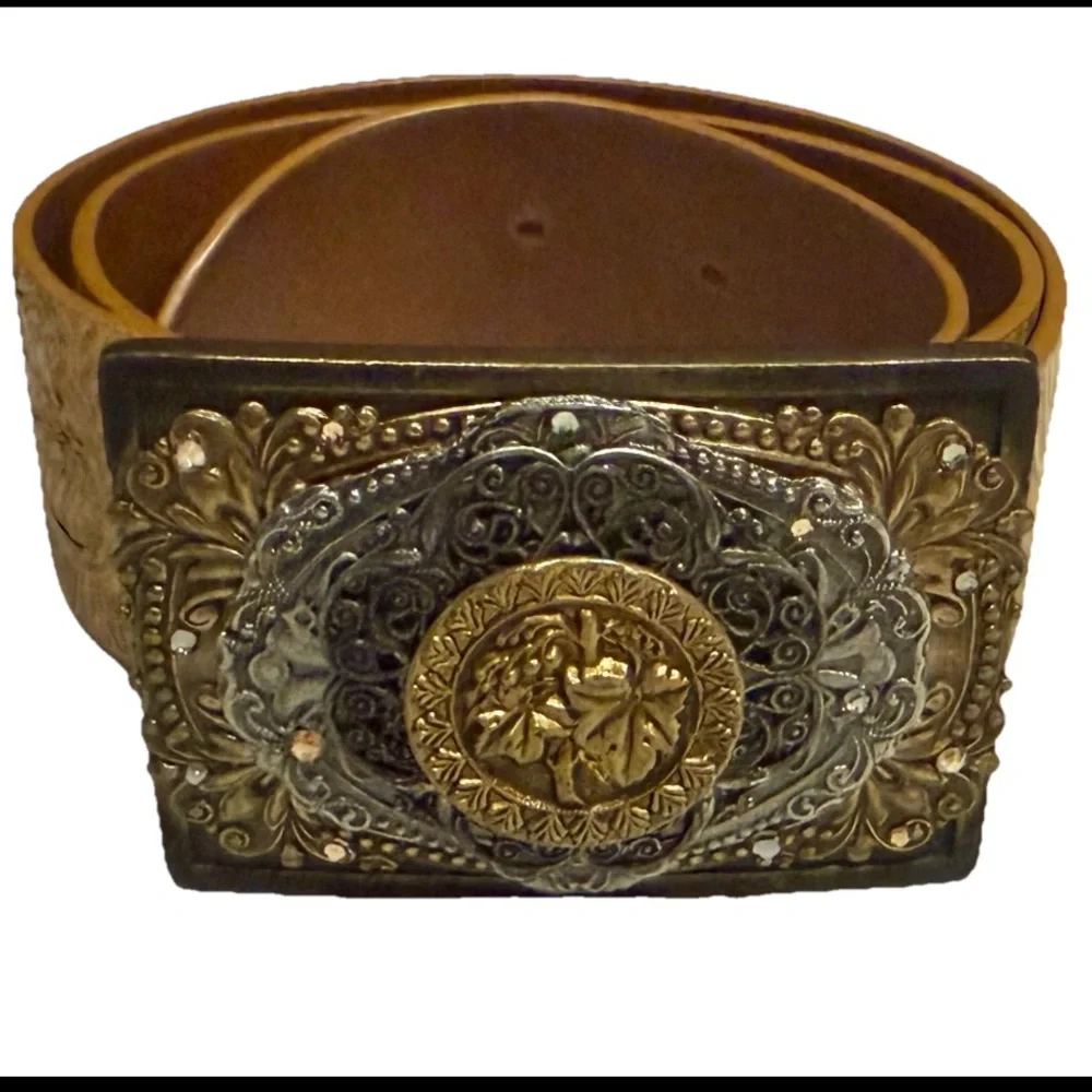 Floral Studded Brown Leather Belt w/Filigree Enamel Belt Buckle Small